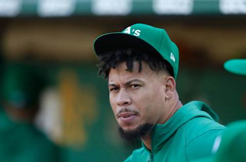 OAKLAND, CALIFORNIA - JULY 23: Frankie Montas #47 of the Oakland Athletics looks on from the dugout during the game against the Texas Rangers at RingCentral Coliseum on July 23, 2022 in Oakland, California. (Photo by Lachlan Cunningham/Getty Images)