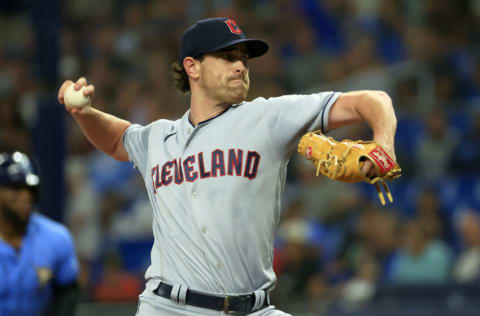 ST PETERSBURG, FLORIDA - JULY 29: Shane Bieber #57 of the Cleveland Guardians pitches during a game against the Tampa Bay Rays at Tropicana Field on July 29, 2022 in St Petersburg, Florida. (Photo by Mike Ehrmann/Getty Images)