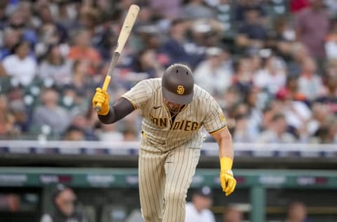 DETROIT, MICHIGAN - JULY 26: Luke Voit #45 of the San Diego Padres reacts after a fly out to Akil Baddoo #60 of the Detroit Tigers during the top of the fifth inning at Comerica Park on July 26, 2022 in Detroit, Michigan. (Photo by Nic Antaya/Getty Images)