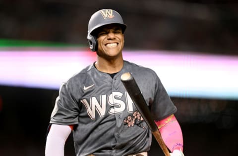 WASHINGTON, DC - JULY 30: Juan Soto #22 of the Washington Nationals reacts to a called strike in the seventh inning against the St. Louis Cardinals at Nationals Park on July 30, 2022 in Washington, DC. (Photo by Greg Fiume/Getty Images)