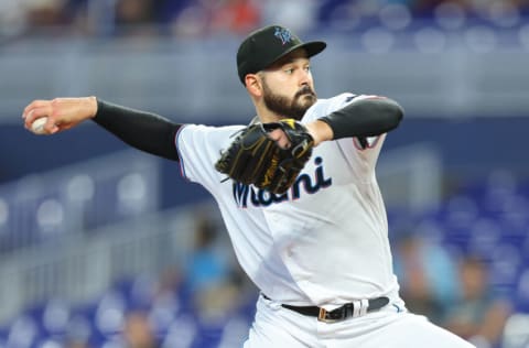 MIAMI, FLORIDA - JULY 21: Pablo Lopez #49 of the Miami Marlins delivers a pitch during the first inning against the Texas Rangers at loanDepot park on July 21, 2022 in Miami, Florida. (Photo by Michael Reaves/Getty Images)