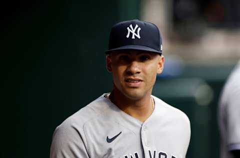 NEW YORK, NY - JULY 26: Gleyber Torres #25 of the New York Yankees looks on before the first inning against the New York Mets at Citi Field on July 26, 2022 in New York City. (Photo by Adam Hunger/Getty Images)