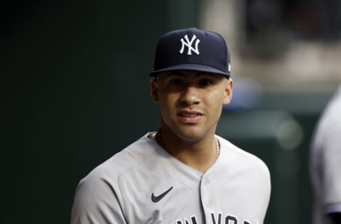 NEW YORK, NY - JULY 26: Gleyber Torres #25 of the New York Yankees looks on before the first inning against the New York Mets at Citi Field on July 26, 2022 in New York City. (Photo by Adam Hunger/Getty Images)