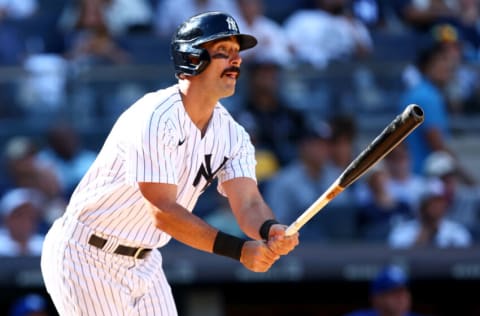 NEW YORK, NY - JULY 30: Matt Carpenter #24 of the New York Yankees watches his home run against the Kansas City Royals during the seventh inning of a game at Yankee Stadium on July 30, 2022 in New York City. (Photo by Rich Schultz/Getty Images)