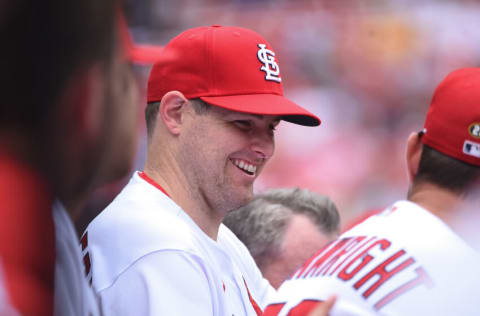 ST LOUIS, MO - AUGUST 04: Jordan Montgomery #48 of the St. Louis Cardinals looks on from the dug out during a game against the Chicago Cubs in game one of a double header at Busch Stadium on August 4, 2022 in St Louis, Missouri. (Photo by Joe Puetz/Getty Images)