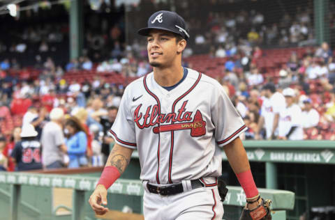 BOSTON, MASSACHUSETTS - AUGUST 10: Vaughn Grissom #18 of the Atlanta Braves walks onto the field before a game against the Boston Red Sox at Fenway Park on August 10, 2022 in Boston, Massachusetts. (Photo by Brian Fluharty/Getty Images)