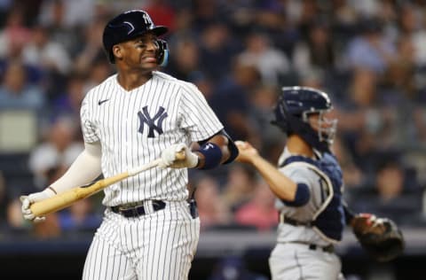 NEW YORK, NEW YORK - AUGUST 15: Miguel Andujar #41 of the New York Yankees reacts after striking out during the sixth inning against the Tampa Bay Rays at Yankee Stadium on August 15, 2022 in the Bronx borough of New York City. (Photo by Sarah Stier/Getty Images)