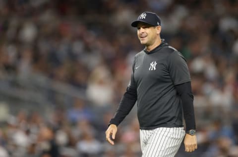 NEW YORK, NEW YORK - AUGUST 15: Manager Aaron Boone #17 of the New York Yankees looks on during the eighth inning against the Tampa Bay Rays at Yankee Stadium on August 15, 2022 in the Bronx borough of New York City. The Rays won 4-0. (Photo by Sarah Stier/Getty Images)