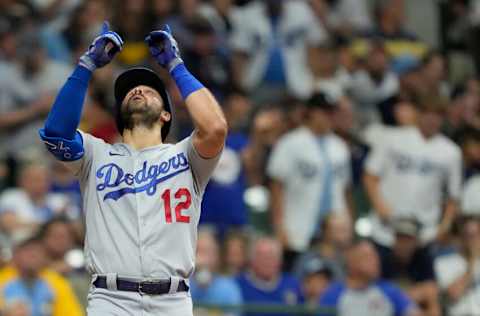 MILWAUKEE, WISCONSIN - AUGUST 16: Joey Gallo #12 of the Los Angeles Dodgers celebrates after hitting a solo home run against the Milwaukee Brewers in the fifth inning at American Family Field on August 16, 2022 in Milwaukee, Wisconsin. (Photo by Patrick McDermott/Getty Images)