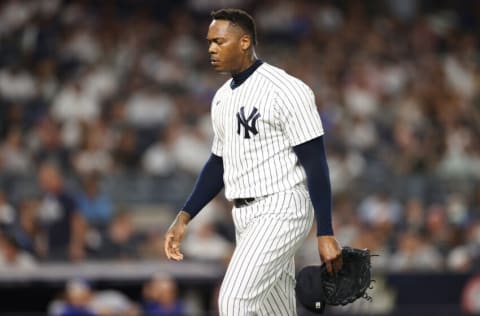 NEW YORK, NEW YORK - AUGUST 19: Aroldis Chapman #54 of the New York Yankees reacts after being pulled from the mound during the ninth inning against the Toronto Blue Jays at Yankee Stadium on August 19, 2022 in the Bronx borough of New York City. The Blue Jays won 4-0. (Photo by Sarah Stier/Getty Images)