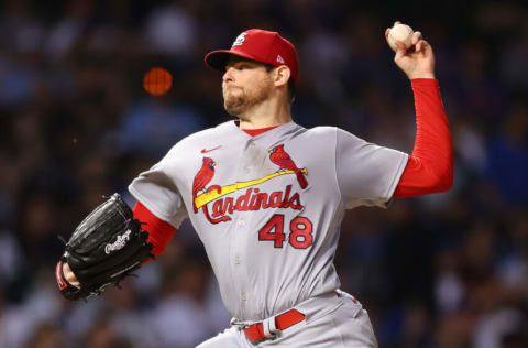 CHICAGO, ILLINOIS - AUGUST 22: Jordan Montgomery #48 of the St. Louis Cardinals delivers a pitch during the seventh inning against the Chicago Cubs at Wrigley Field on August 22, 2022 in Chicago, Illinois. (Photo by Michael Reaves/Getty Images)