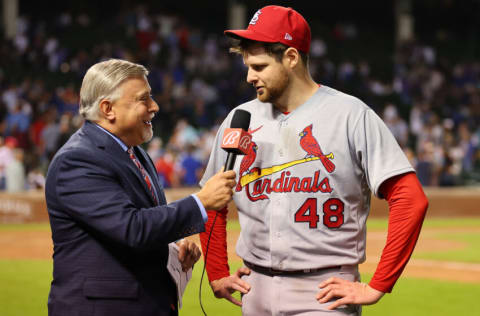 CHICAGO, ILLINOIS - AUGUST 22: Jordan Montgomery #48 of the St. Louis Cardinals is interview by Jim Hayes of Bally Sports after throwing a complete game against the Chicago Cubs at Wrigley Field on August 22, 2022 in Chicago, Illinois. (Photo by Michael Reaves/Getty Images)