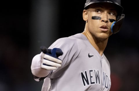 BOSTON, MA - SEPTEMBER 13: Aaron Judge #99 of the New York Yankees reacts after hitting a home run during the sixth inning of a game against the Boston Red Sox on September 13, 2022 at Fenway Park in Boston, Massachusetts. (Photo by Maddie Malhotra/Boston Red Sox/Getty Images)