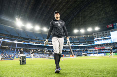 TORONTO, ON - SEPTEMBER 26: Aaron Judge #99 of the New York Yankees walks off the field after batting practice before playing the Toronto Blue Jays in their MLB game at the Rogers Centre on September 26, 2022 in Toronto, Ontario, Canada. (Photo by Mark Blinch/Getty Images)