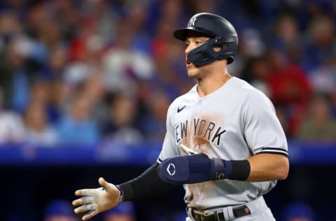 TORONTO, ON - SEPTEMBER 28: Aaron Judge #99 of the New York Yankees scores on a single by Josh Donaldson #28 in the first inning against the Toronto Blue Jays at Rogers Centre on September 28, 2022 in Toronto, Ontario, Canada. (Photo by Vaughn Ridley/Getty Images)