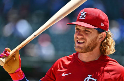 CHICAGO, IL - JUNE 03: Harrison Bader #48 of the St. Louis Cardinals warms up before a game against the Chicago Cubs at Wrigley Field on June 03, 2022 in Chicago, Illinois. (Photo by Jamie Sabau/Getty Images)