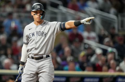 MINNEAPOLIS, MN - JUNE 07: Aaron Judge #99 of the New York Yankees looks on against the Minnesota Twins on June 7, 2022 at Target Field in Minneapolis, Minnesota. (Photo by Brace Hemmelgarn/Minnesota Twins/Getty Images)