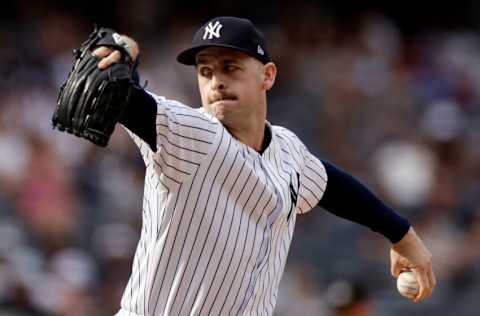 NEW YORK, NY - JULY 31: Lucas Luetge #63 of the New York Yankees pitches against the Kansas City Royals during the ninth inning at Yankee Stadium on July 31, 2022 in the Bronx borough of New York City. The Royals won 8-6. (Photo by Adam Hunger/Getty Images)