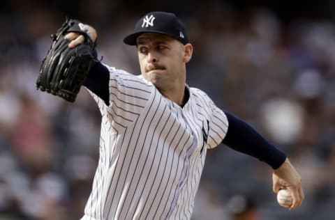 NEW YORK, NY - JULY 31: Lucas Luetge #63 of the New York Yankees pitches against the Kansas City Royals during the ninth inning at Yankee Stadium on July 31, 2022 in the Bronx borough of New York City. The Royals won 8-6. (Photo by Adam Hunger/Getty Images)