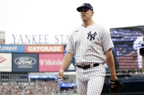 NEW YORK, NY - JULY 28: Jameson Taillon #50 of the New York Yankees walks to the dugout before during the first inning against the Kansas City Royals at Yankee Stadium on July 28, 2022 in New York City. (Photo by Adam Hunger/Getty Images)