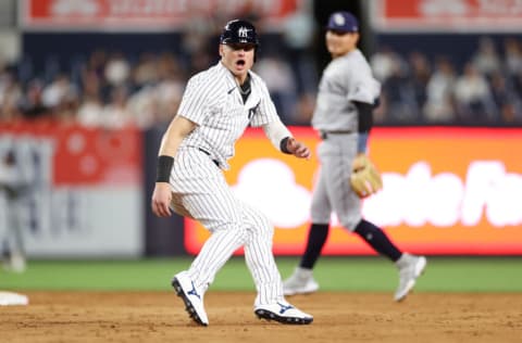 NEW YORK, NEW YORK - AUGUST 15: Josh Donaldson #28 of the New York Yankees runs between first and second during the ninth inning against the Tampa Bay Rays at Yankee Stadium on August 15, 2022 in the Bronx borough of New York City. The Rays won 4-0. (Photo by Sarah Stier/Getty Images)