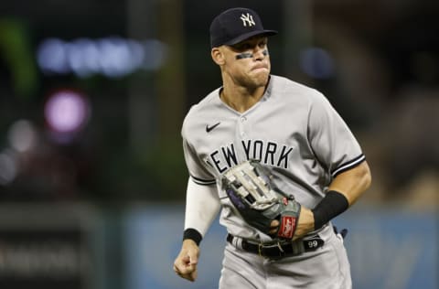 ANAHEIM, CALIFORNIA - AUGUST 29: Aaron Judge #99 of the New York Yankees runs to the dugout during the eighth inning of a game between the Los Angeles Angels and the New York Yankees at Angel Stadium of Anaheim on August 29, 2022 in Anaheim, California. (Photo by Michael Owens/Getty Images)