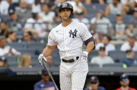 NEW YORK, NEW YORK - SEPTEMBER 05: Giancarlo Stanton #27 of the New York Yankees reacts during an at-bat in the sixth inning against the Minnesota Twins at Yankee Stadium on September 05, 2022 in New York City. (Photo by Jim McIsaac/Getty Images)