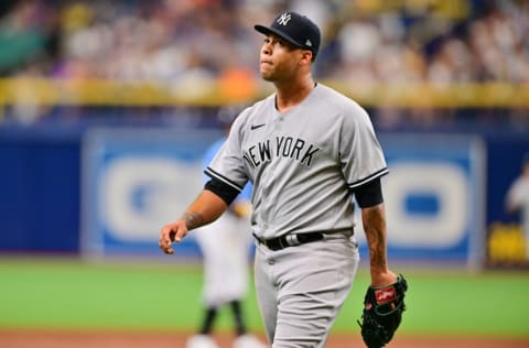 ST PETERSBURG, FLORIDA - SEPTEMBER 04: Frankie Montas #47 of the New York Yankees looks on after the third inning against the Tampa Bay Rays at Tropicana Field on September 04, 2022 in St Petersburg, Florida. (Photo by Julio Aguilar/Getty Images)