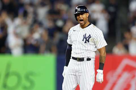 NEW YORK, NEW YORK - SEPTEMBER 08: Aaron Hicks #31 of the New York Yankees reacts after hitting a double in the ninth inning against the Minnesota Twins at Yankee Stadium on September 08, 2022 in the Bronx borough of New York City. (Photo by Mike Stobe/Getty Images)