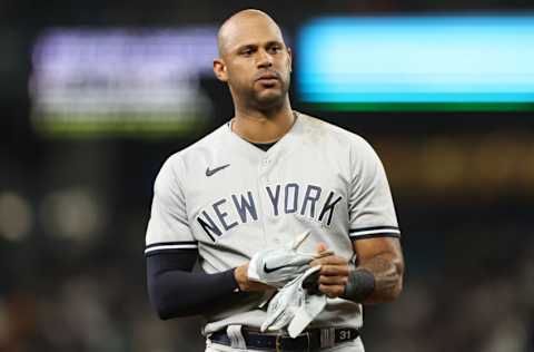 SEATTLE - AUGUST 09: Aaron Hicks #31 of the New York Yankees looks on during the game against the Seattle Mariners at T-Mobile Park on August 09, 2022 in Seattle, Washington. The Mariners defeated the Yankees 1-0. (Photo by Rob Leiter/MLB Photos via Getty Images)