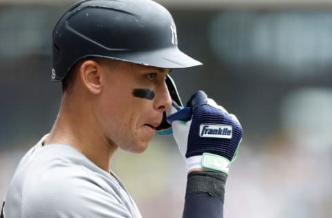 MILWAUKEE, WISCONSIN - SEPTEMBER 18: A detailed picture of the Franklin batting gloves worn by Aaron Judge #99 of the New York Yankees against the Milwaukee Brewers at American Family Field on September 18, 2022 in Milwaukee, Wisconsin. (Photo by John Fisher/Getty Images)