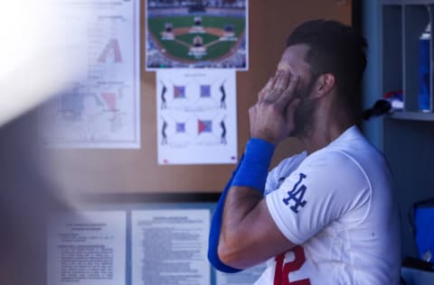 LOS ANGELES, CALIFORNIA - SEPTEMBER 20: Joey Gallo #12 of the Los Angeles Dodgers reacts after striking out during the third inning against the Arizona Diamondbacks in game one of a doubleheader at Dodger Stadium on September 20, 2022 in Los Angeles, California. (Photo by Katelyn Mulcahy/Getty Images)