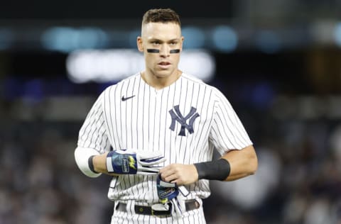 NEW YORK, NEW YORK - SEPTEMBER 22: Aaron Judge #99 of the New York Yankees looks on during the third inning against the Boston Red Sox at Yankee Stadium on September 22, 2022 in the Bronx borough of New York City. (Photo by Sarah Stier/Getty Images)