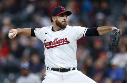 CLEVELAND, OH - SEPTEMBER 30: Aaron Civale #43 of the Cleveland Guardians pitches against the Kansas City Royals during the first inning at Progressive Field on September 30, 2022 in Cleveland, Ohio. (Photo by Ron Schwane/Getty Images)