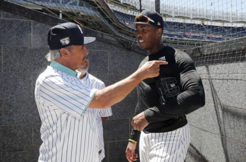 NEW YORK, NEW YORK - JULY 30: (NEW YORK DAILIES OUT) Ron Guidry (L) talks with Aroldis Chapman #54 during New York Yankees Old Timers' Day before a game against the Kansas City Royals at Yankee Stadium on Saturday, July 30, 2022 in New York City. The Yankees defeated the Royals 8-2. (Photo by Jim McIsaac/Getty Images)