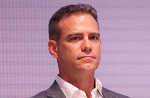 NEW YORK, NEW YORK - SEPTEMBER 09: Theo Epstein, MLB consultant, looks out during a press conference at MLB Headquarters on September 09, 2022 in New York City. Major League Baseball announced today a set of rule changes that will change the way the game is played. The changes will include a pitch clock and a ban on defensive shifts in 2023 that will speed up the game's pace and increase action. An expansion of the size of bases were also implemented. (Photo by Michael M. Santiago/Getty Images)