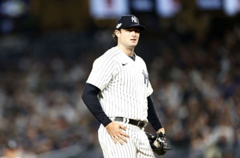 NEW YORK, NEW YORK - OCTOBER 11: Gerrit Cole #45 of the New York Yankees looks on against the Cleveland Guardians during the fifth inning in game one of the American League Division Series at Yankee Stadium on October 11, 2022 in New York, New York. (Photo by Sarah Stier/Getty Images)