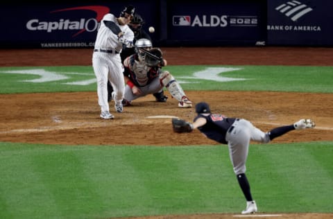 NEW YORK, NEW YORK - OCTOBER 11: Anthony Rizzo #48 of the New York Yankees hits a two run home run against Cal Quantrill #47 of the Cleveland Guardians during the sixth inning in game one of the American League Division Series at Yankee Stadium on October 11, 2022 in New York, New York. (Photo by Jamie Squire/Getty Images)