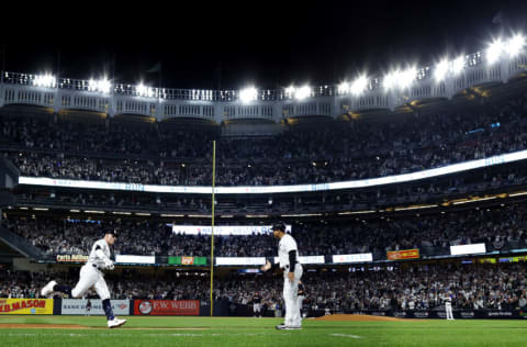 NEW YORK, NEW YORK - OCTOBER 11: Harrison Bader #22 of the New York Yankees celebrates after hitting a solo home run against Cal Quantrill #47 of the Cleveland Guardians during the third inning in game one of the American League Division Series at Yankee Stadium on October 11, 2022 in New York, New York. (Photo by Sarah Stier/Getty Images)