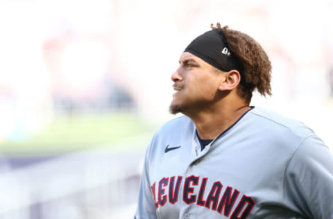 NEW YORK, NEW YORK - OCTOBER 14: Josh Naylor #22 of the Cleveland Guardians reacts after suffering an apparent injury at first base during the fourth inning against the New York Yankees in game two of the American League Division Series at Yankee Stadium on October 14, 2022 in New York, New York. (Photo by Elsa/Getty Images)