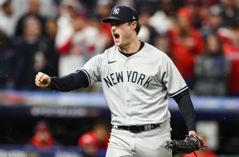 CLEVELAND, OHIO - OCTOBER 16: Gerrit Cole #45 of the New York Yankees reacts after a strikeout against the Cleveland Guardians during the seventh inning in game four of the American League Division Series at Progressive Field on October 16, 2022 in Cleveland, Ohio. (Photo by Christian Petersen/Getty Images)