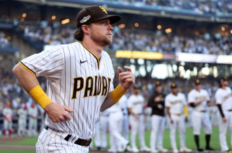 SAN DIEGO, CALIFORNIA - OCTOBER 18: Jake Cronenworth #9 of the San Diego Padres runs onto the field during player introductions prior to game one of the National League Championship Series against the Philadelphia Phillies at PETCO Park on October 18, 2022 in San Diego, California. (Photo by Sean M. Haffey/Getty Images)