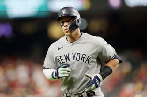 HOUSTON, TEXAS - OCTOBER 19: Aaron Judge #99 of the New York Yankees runs back to the dugout during the first inning against the Houston Astros in game one of the American League Championship Series at Minute Maid Park on October 19, 2022 in Houston, Texas. (Photo by Carmen Mandato/Getty Images)