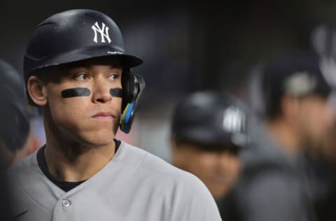 HOUSTON, TEXAS - OCTOBER 19: Aaron Judge #99 of the New York Yankees at bat during the first inning in the game against the Houston Astros in game one of the American League Championship Series at Minute Maid Park on October 19, 2022 in Houston, Texas. (Photo by Carmen Mandato/Getty Images)