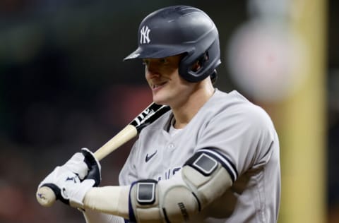 HOUSTON, TEXAS - OCTOBER 19: Josh Donaldson #28 of the New York Yankees reacts after striking out during the sixth inning against the Houston Astros in game one of the American League Championship Series at Minute Maid Park on October 19, 2022 in Houston, Texas. (Photo by Carmen Mandato/Getty Images)