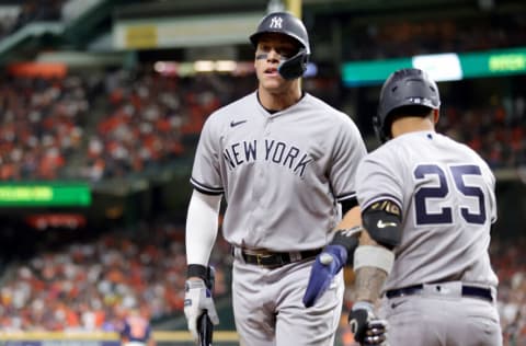 HOUSTON, TEXAS - OCTOBER 20: Aaron Judge #99 of the New York Yankees reacts after scoring a run against the Houston Astros during the fourth inning in game two of the American League Championship Series at Minute Maid Park on October 20, 2022 in Houston, Texas. (Photo by Carmen Mandato/Getty Images)