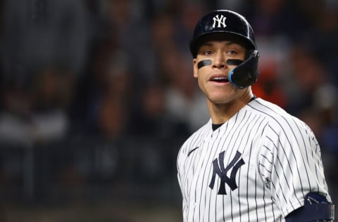 NEW YORK, NEW YORK - OCTOBER 22: Aaron Judge #99 of the New York Yankees reacts after striking out against the Houston Astros during the sixth inning in game three of the American League Championship Series at Yankee Stadium on October 22, 2022 in New York City. (Photo by Elsa/Getty Images)