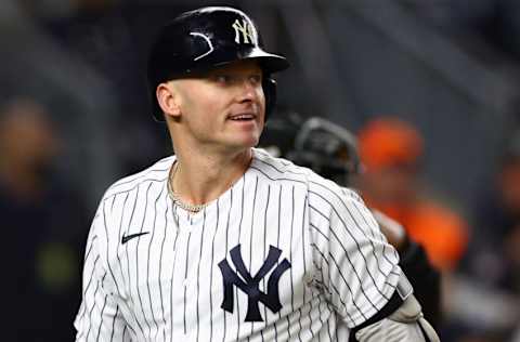 NEW YORK, NEW YORK - OCTOBER 23: Josh Donaldson #28 of the New York Yankees reacts after striking out in the first inning in game four of the American League Championship Series against the Houston Astros at Yankee Stadium on October 23, 2022 in the Bronx borough of New York City. (Photo by Elsa/Getty Images)