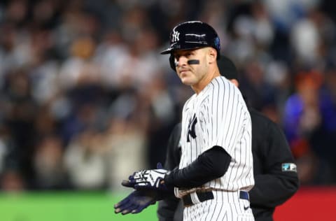 NEW YORK, NEW YORK - OCTOBER 23: Anthony Rizzo #48 of the New York Yankees celebrates his RBI double in the second inning against the Houston Astros in game four of the American League Championship Series at Yankee Stadium on October 23, 2022 in the Bronx borough of New York City. (Photo by Elsa/Getty Images)