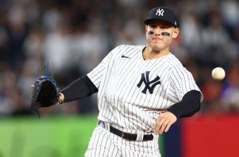 NEW YORK, NEW YORK - OCTOBER 23: Anthony Rizzo #48 of the New York Yankees fields a hit by Jose Altuve #27 of the Houston Astros during the seventh inning in game four of the American League Championship Series at Yankee Stadium on October 23, 2022 in the Bronx borough of New York City. (Photo by Elsa/Getty Images)